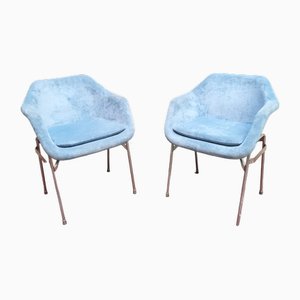 Blue Upholstery and Chrome Armchairs, 1970s, Set of 2