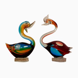Pato y cisne de cristal de Murano, Italia, años 60. Juego de 2