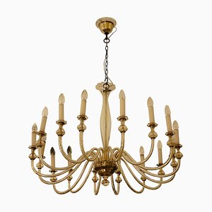 Murano Glass and Brass 16-Light Chandelier by Venini, Italy, 1950s