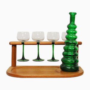 Vintage French Green Stem Wine Glasses and Decanter Set in Teak from Dolphin, 1970s