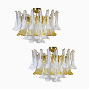 Large Murano Glass White and Amber Tulip Chandelier, Italy, 1970s