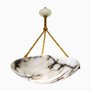 Large Black Veined White and Grey Alabaster Pendant Light Fixture, 1920s