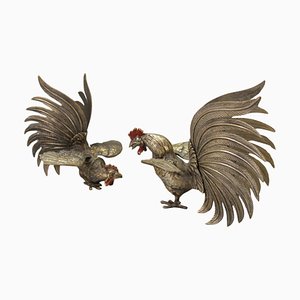 Esculturas de bronce de gallos de pelea, Japón, años 50. Juego de 2