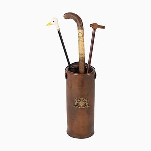 Mid-Century Leather and Brass Umbrella or Walking Stick Stand, Italy, 1950s