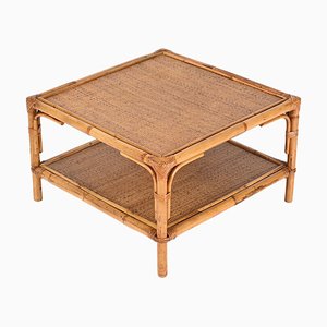 Tavolino da caffè Mid-Century quadrato in bambù e vimini di Vivai del Sud, Italia, anni '70