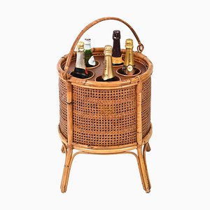 French Riviera Bottle Rack in Rattan, Vienna Straw and Walnut, Italy, 1960s