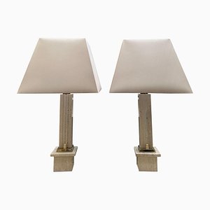 Italian Travertine and Brass Table Lamps, 1970s, Set of 2