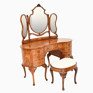 Antique Walnut Kidney-Shaped Dressing Table and Stool, 1900, Set of 2