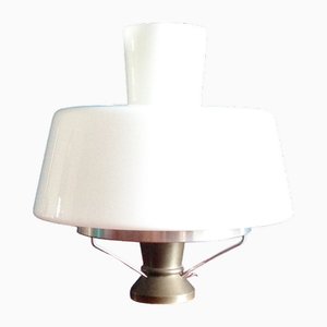 Mid-Century Brass & Aluminum Table Lamp with Opaline Glass Shade, 1950s