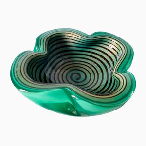Italian Green Murano Glass Ashtray with Black Decorations and Gold Straws, 1960s
