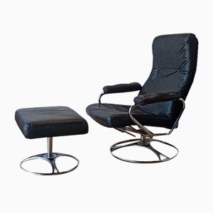 Scandinavian Leather Lounge Chair with Footstool, 1970s, Set of 2