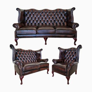 Queen Anne Dunkelbraunes Chesterfield Wohnzimmer Set, 3