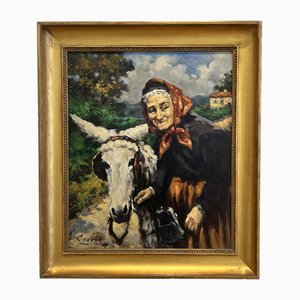 Alberto Cecconi, Vieille femme et son âne, Oil on Canvas, Framed