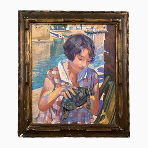 Junges Mädchen mit Schildkröte, 1930, Öl auf Karton, Gerahmt