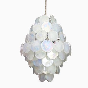 Large Vintage Italian Murano Chandelier with 87 White Alabaster Disks, 1990s