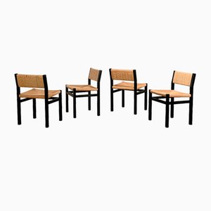 SE82 Chairs in Black Wood with Handwoven Rush Seats by Martin Visser for 't Spectrum, Netherlands, 1970s, Set of 4