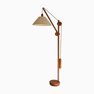 Scandinavian Teak Counter Balance Floor Lamp with Silk Shade