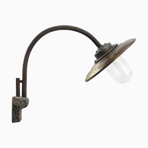 Vintage French Industrial Brass, Clear Glass and Cast Iron Wall Lamp