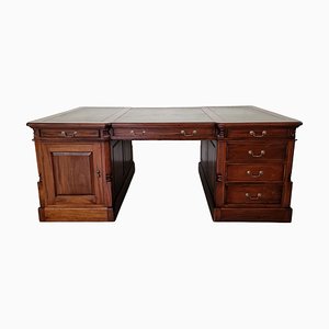 Double Sided Mahogany Chesterfield Partners Desk with Green Leather Top