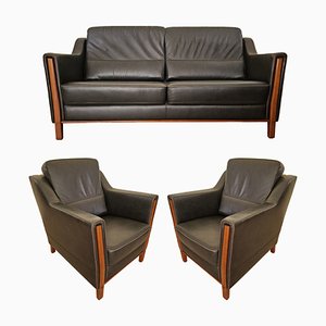 Art Deco Living Room Set in Leather, Set of 3
