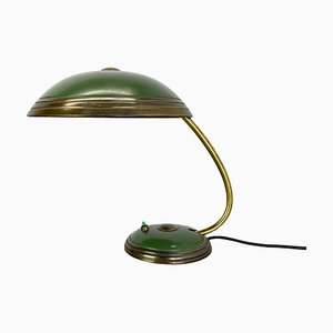 German Bauhaus Brass and Green Metal Table Light attributed to Helo Lights, Germany, 1950s