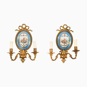 19th Century Ormolu & Sevres Porcelain Two Branch Wall Lights, Set of 2