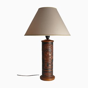Mid-Century Modern Aztec Motif Hand Tooled Leather Table Lamp