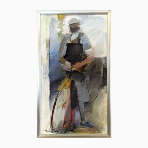 Man & Bicycle, Oil Painting, 1950s, Framed