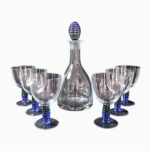 Art Nouveau Style Wine Glasses and Decanter, 1965, Set of 7