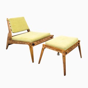 Chaise de Chasse Mid-Century en Chêne avec Tabouret par Heinz Heger, 1950s, Set de 2