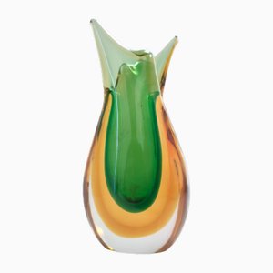 Jarrón Sommerso de cristal de Murano verde y naranja atribuido a Flavio Poli, Italia, años 50