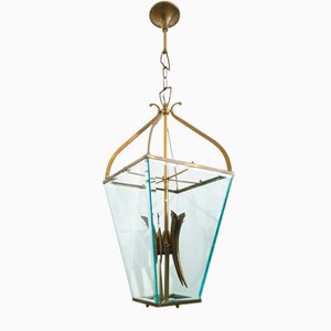 Lámpara colgante italiana Mid-Century de latón y vidrio facetado al estilo de G. Ulrich, años 40