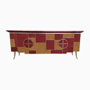 Credenza a 4 ante in vetro rosso bordeaux e specchio