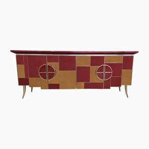 Credenza with 4 Doors in Bordeaux Red Glass and Mirror