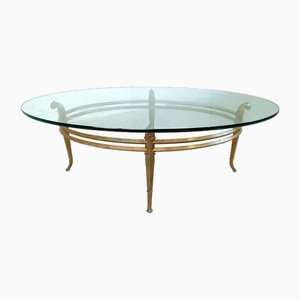 Vintage Golden Metal and Oval Glass Coffee Table, 1970s