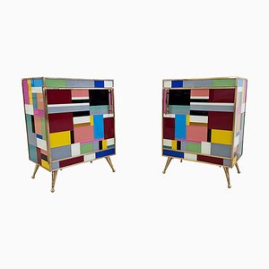 Wooden Bedside Tables and Multicolored Glass, 1980s, Set of 2