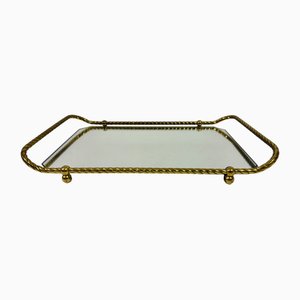 Vintage Italian Brass Tray with Mirrored Glass, 1970s