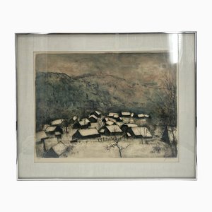 Bernard Gantner, Paesaggio invernale con villaggio, Litografia a colori, XX secolo