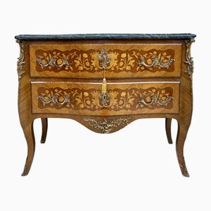 French Louis XV Style Bombé Satinwood Marquetry and Ormolu Mounted Commode, 1940s