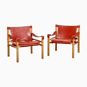 Sirocco Safari Armchairs in Red Leather and Ash by Arne Norell for Arne Norell AB, Sweden, 1990s, Set of 2