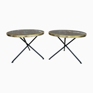 Mid-Century Italian Side Tables in Brass and Iron with Marble Tops, 1960s, Set of 2