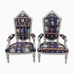Set of Italian Neoclassical Armchairs with Fornasetti Linen Fabric, 1950s
