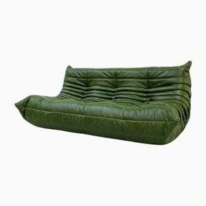 Vintage Togo Drei-Sitzer Sofa aus waldgrünem Leder von Michel Ducaroy für Ligne Roset