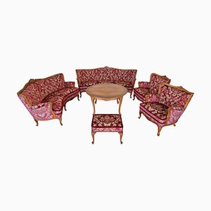 Set da salotto Chippendale curvo e intagliato con tavolino allungabile, set di 6