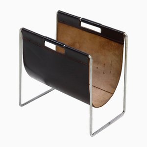 Brown Leather and Chrome Magazine Rack from Brabantia, 1970s