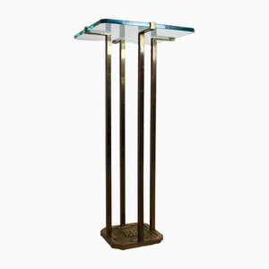 Mesa de pedestal minimalista de latón y vidrio atribuida a Peter Ghyczy, años 70