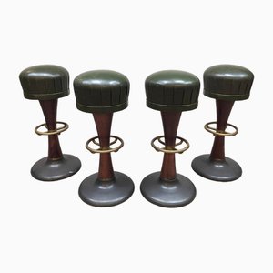 French Café Bar Stools in Green Leather, 1970s, Set of 4
