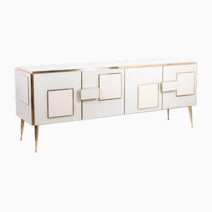 Credenza geometrica in vetro e ottone dorato, Italia