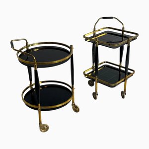 Set di carrelli bar in vetro nero e ottone, set di 2