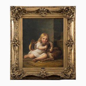A. Lemoine, Bambina con cane, XIX secolo, Olio su tela, In cornice